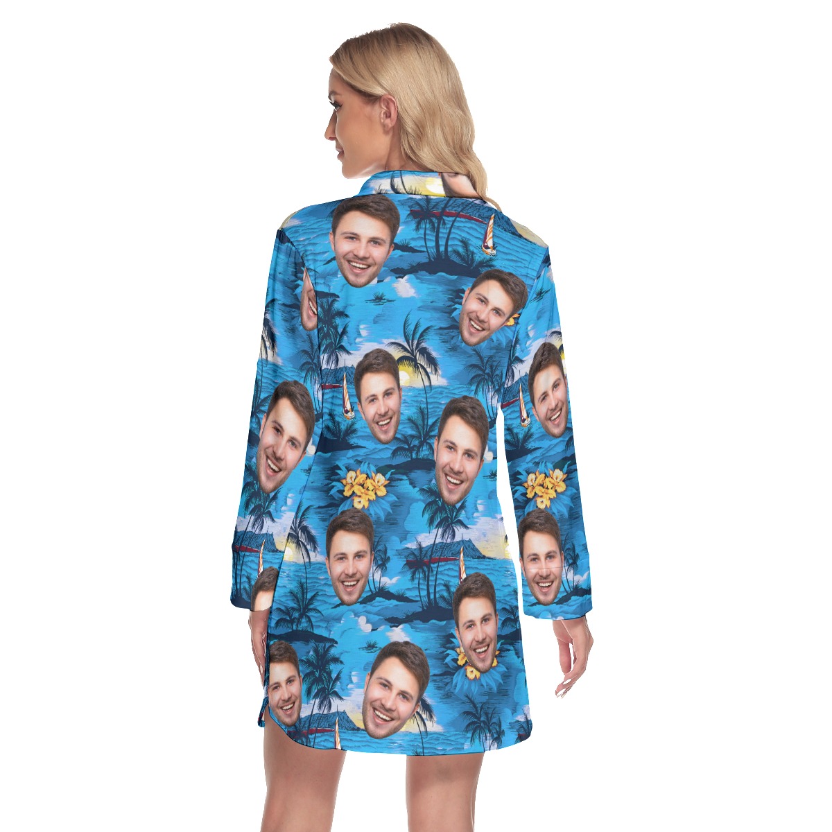 Pacific Legend Blue Lapel Long Sleeve Dress With Custom Face