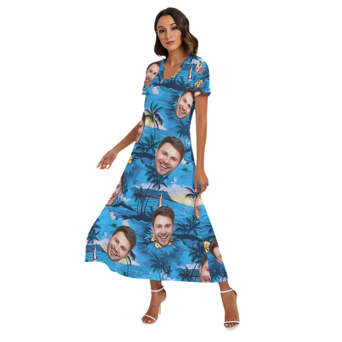 Cool Custom Face Blue Hawaiian Dress With Side Slit