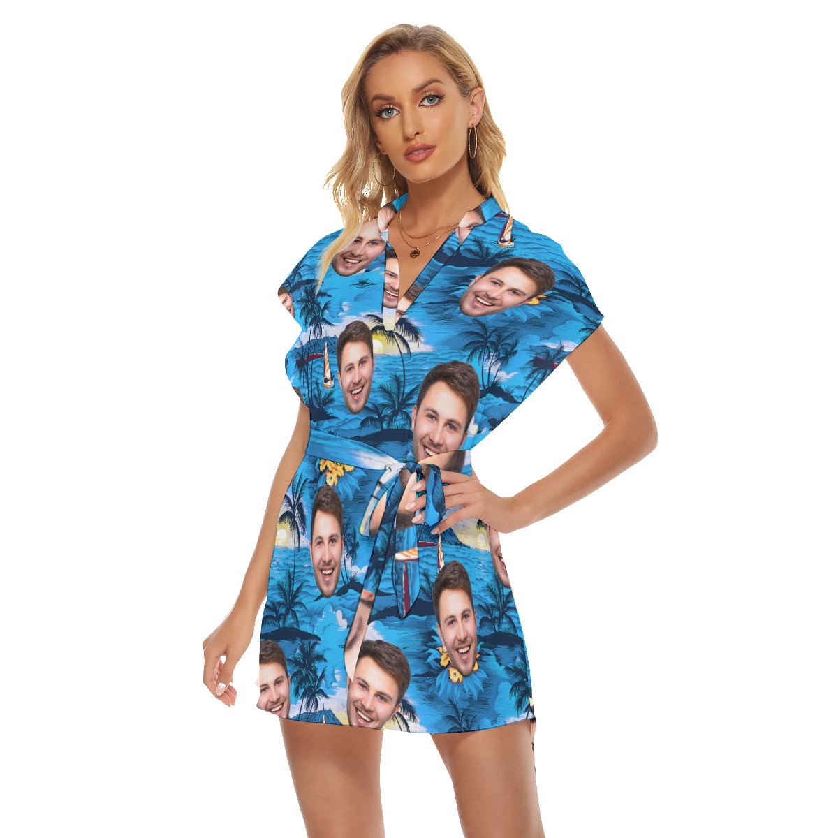 Custom Multiple Face Blue Ocean Hawaiian Dress