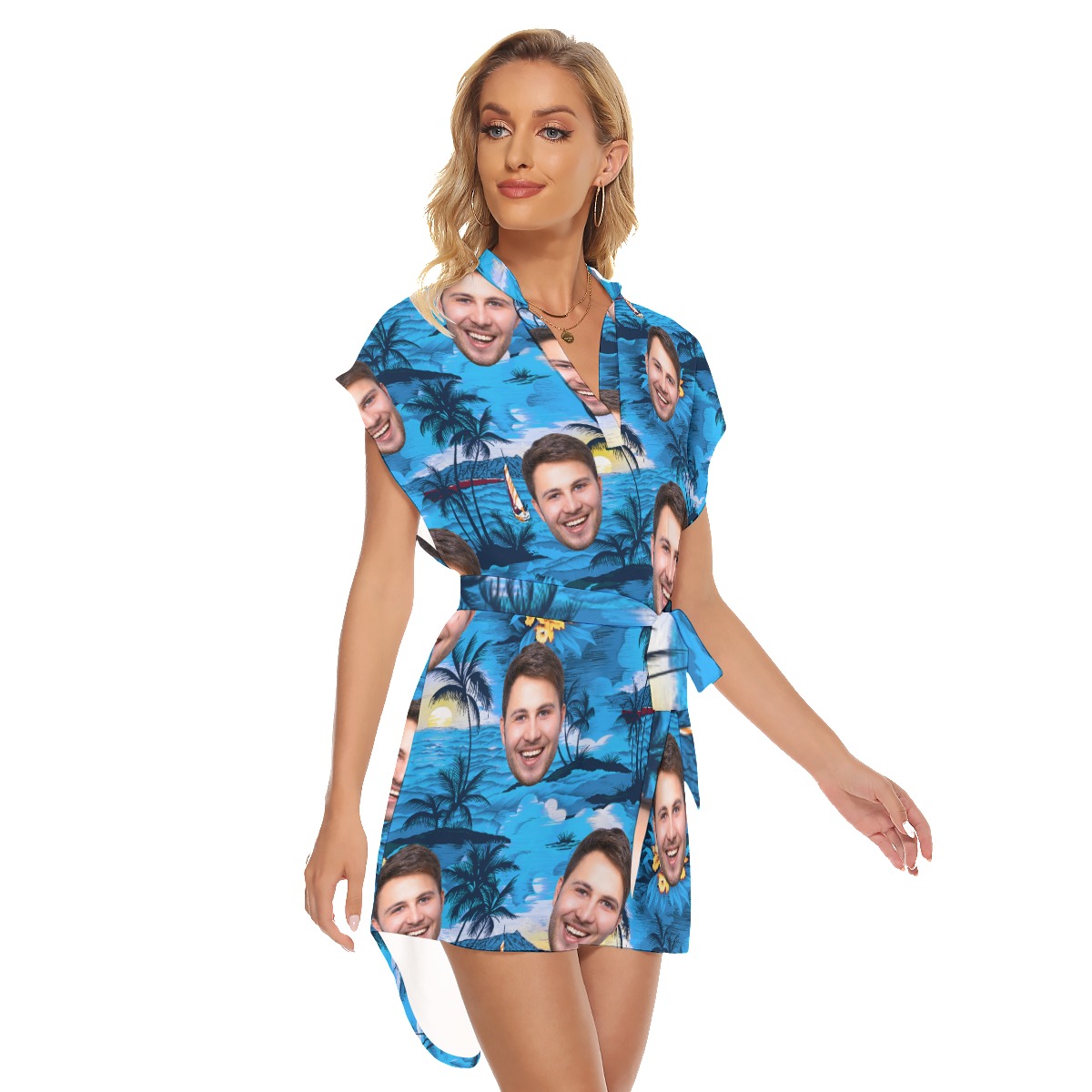 Custom Multiple Face Blue Ocean Hawaiian Dress