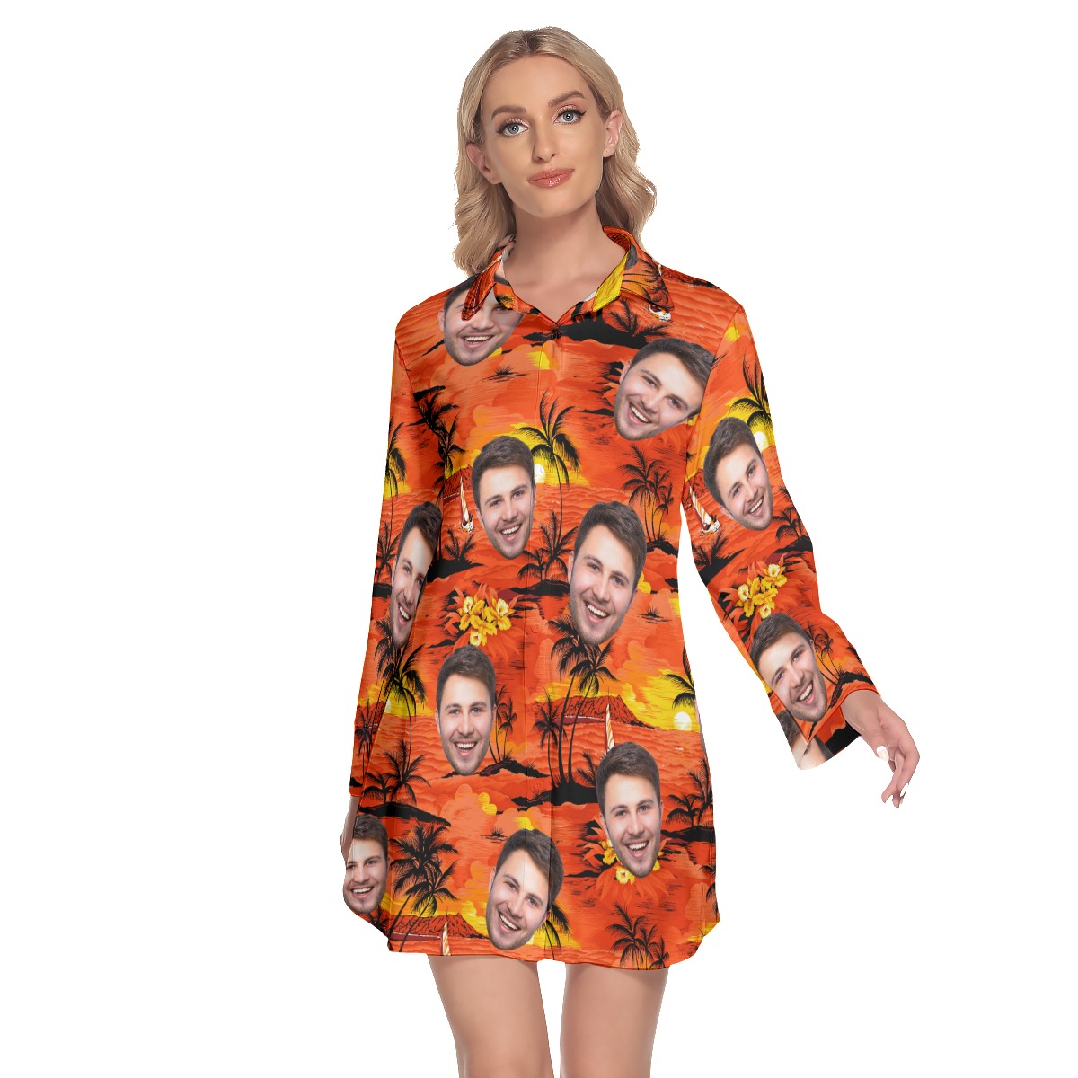Sunset Orange Lapel Long Sleeve Dress With Multiple Face - variant image 1