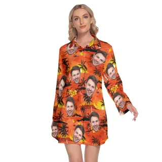Sunset Orange Lapel Long Sleeve Dress With Multiple Face