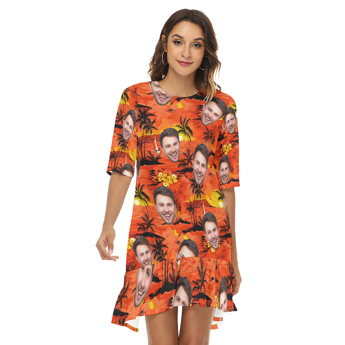 Sunset Orange Half Sleeve Dress With Custom Face - variant image 1