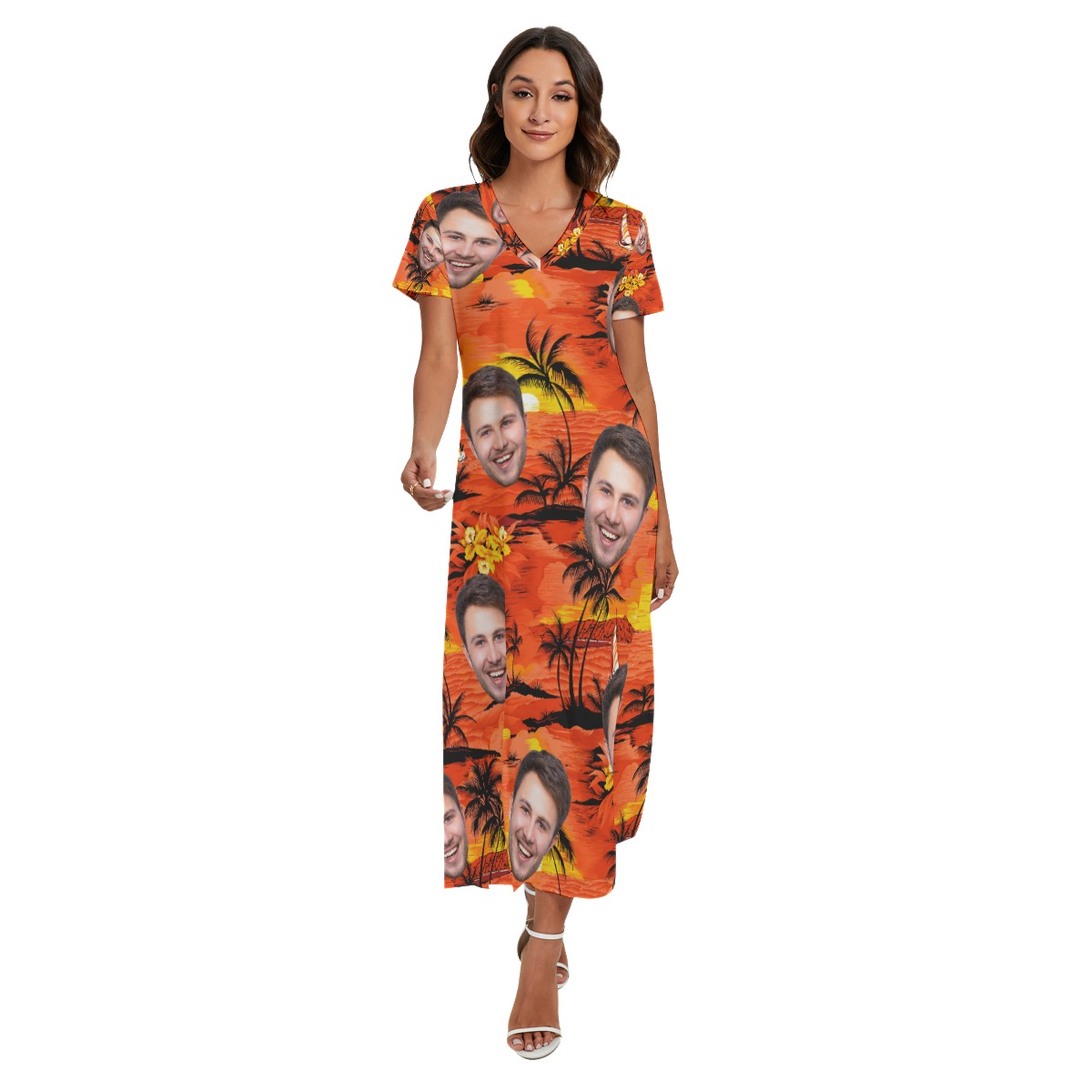 Orange Sunset Beach Custom Face V-Neck Dress With Side Slit - variant image 1