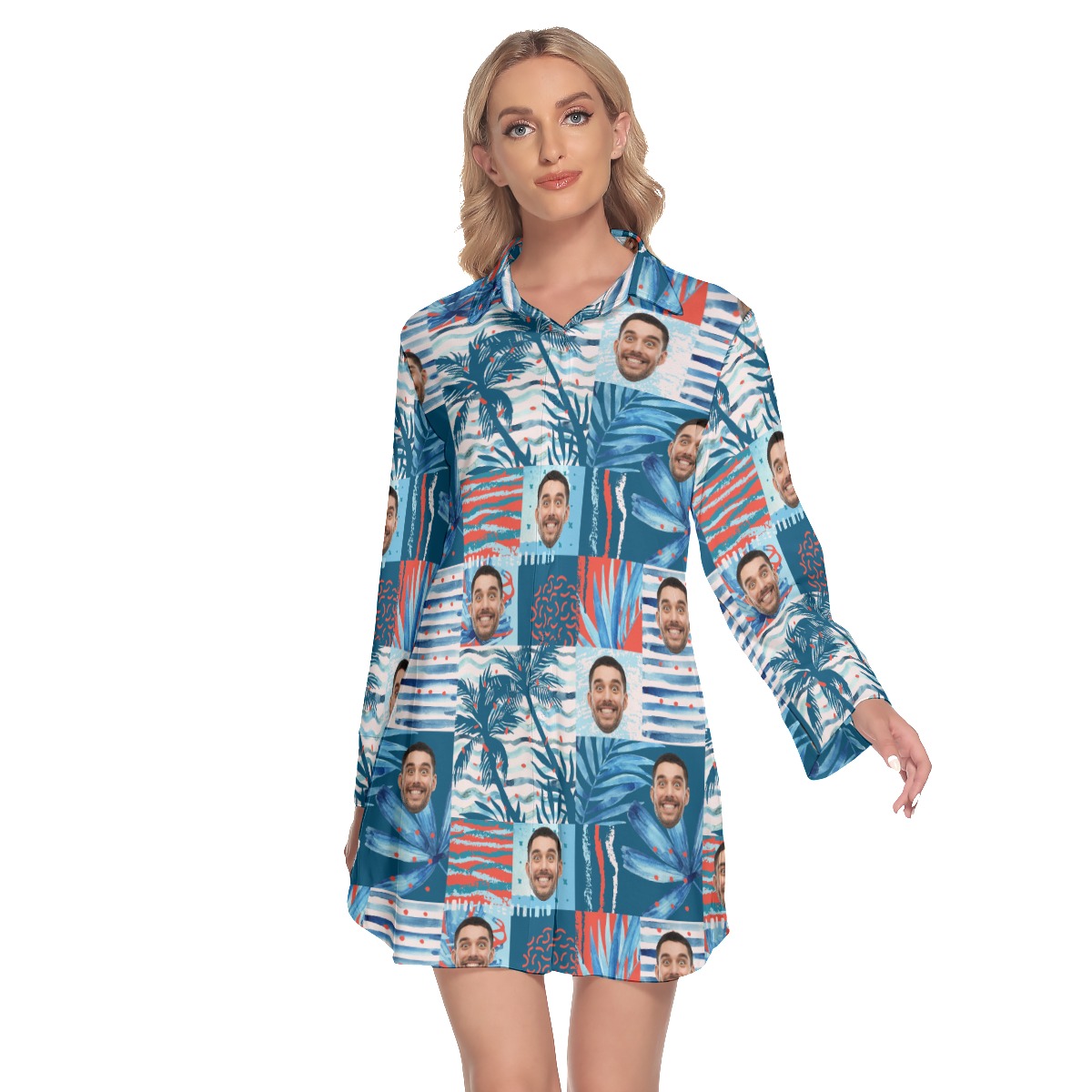 Custom Face Hawaiian Long Sleeve Shirt Dress For Women - variant image 1
