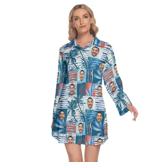 Custom Face Hawaiian Long Sleeve Shirt Dress For Women