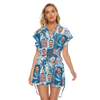 Custom Face Blue Hawaiian Dress With Belt For Summer