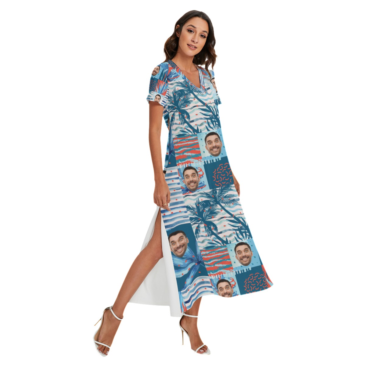 Funny Hawaiian V-neck Dress With Side Slit With Custom Face - variant image 1