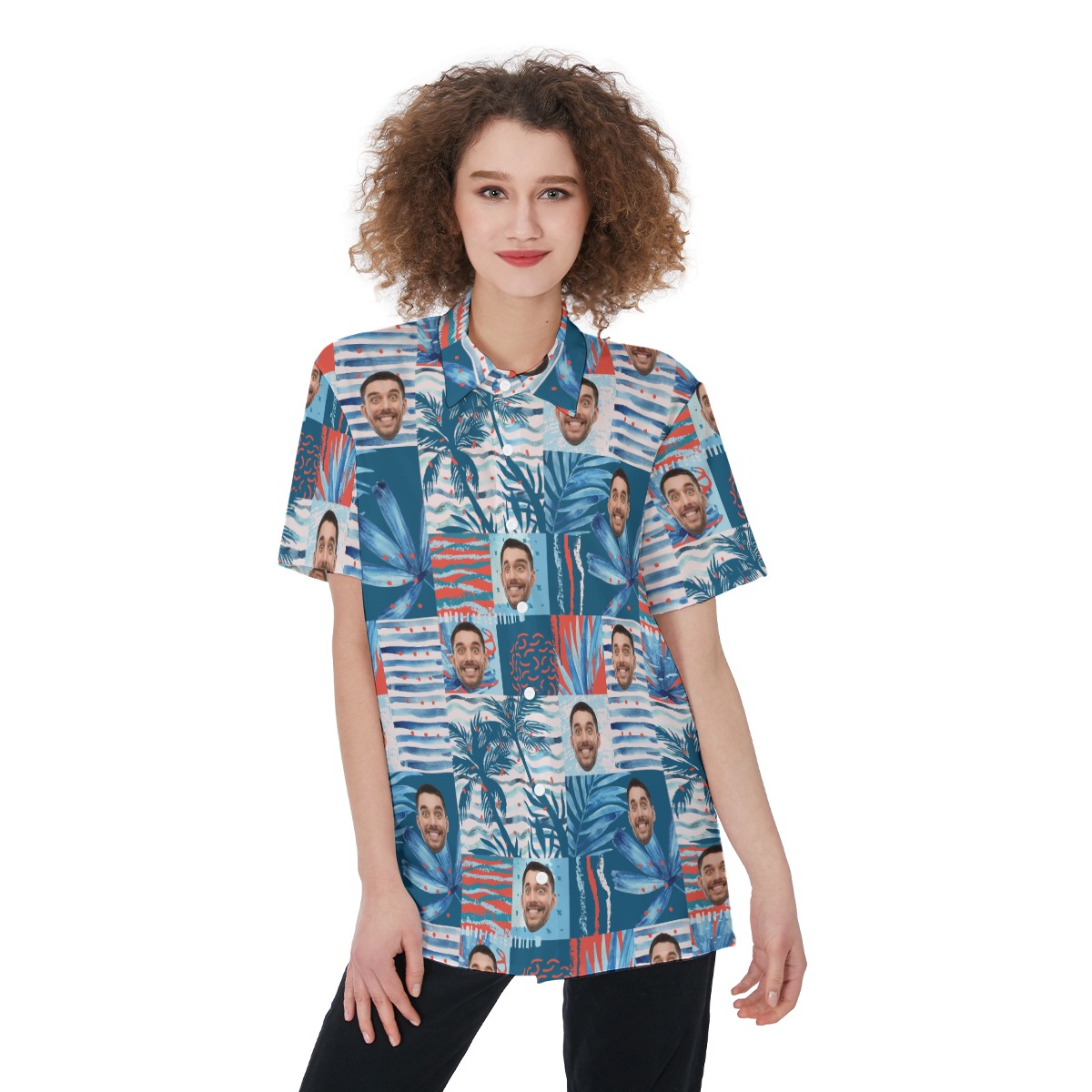 Funny Custom Face Women's Hawaiian Button Up Shirt - variant image 1