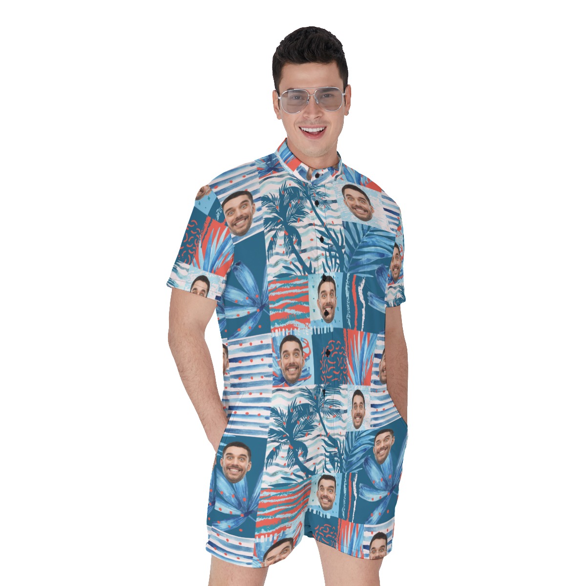 Funny Custom Face Blue Men's Hawaiian Romper - variant image 1