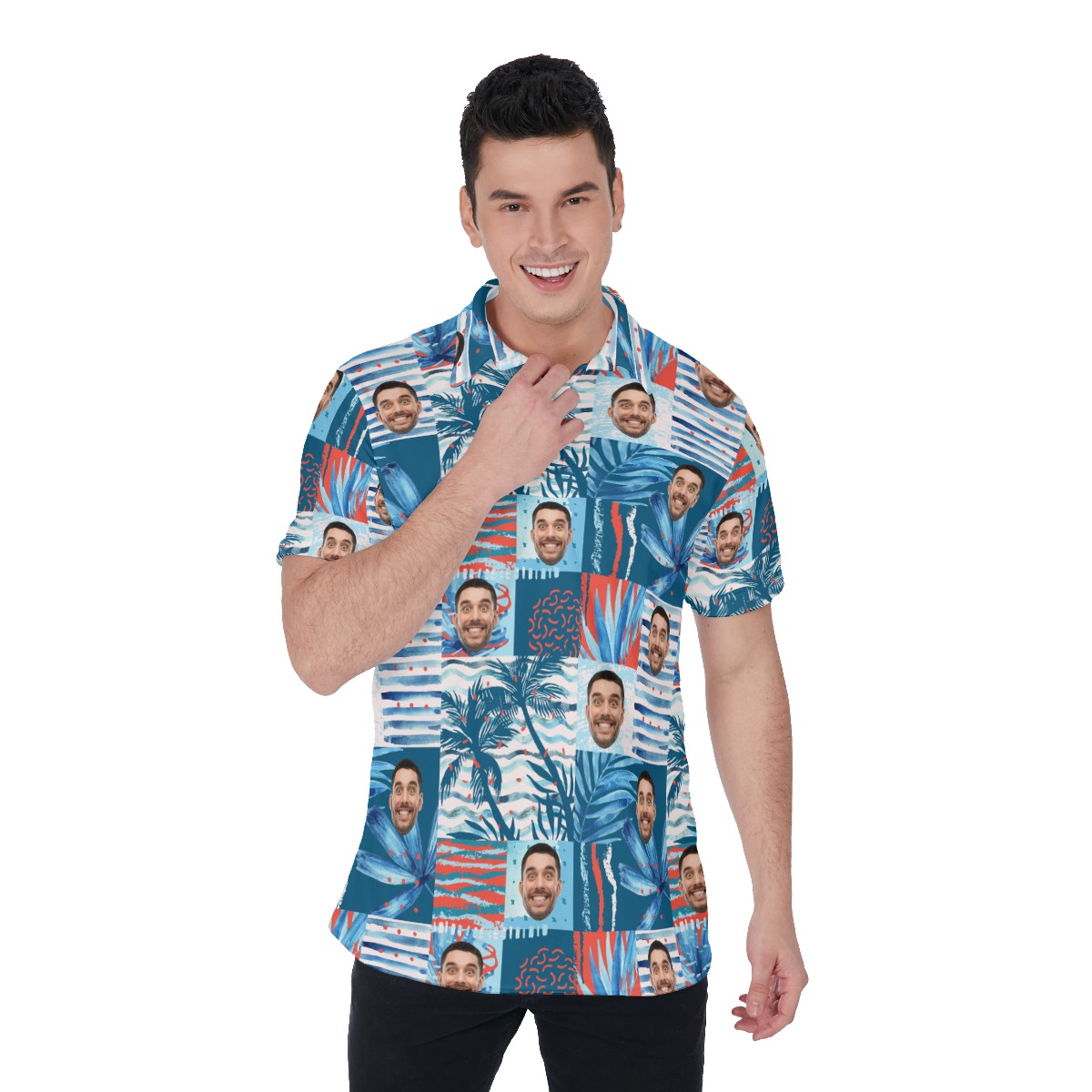 Customized Blue Hawaiian Polo Shirt With Face - variant image 1