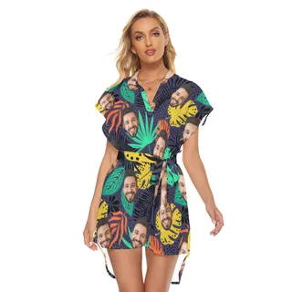 Colorful Custom Face Tropical Hawaiian Dress With Belts