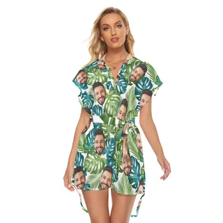 Tropical Leaf Hawaiian Belted Dress With Multiple Faces