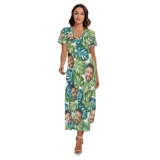 Custom Face V-Neck Hawaiian Dress With Split Side