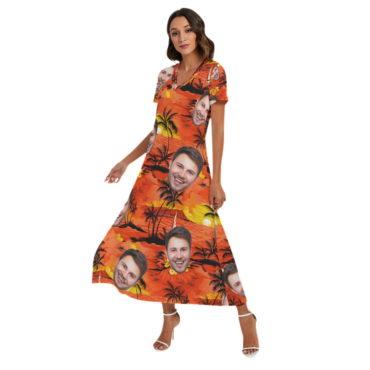 Orange Sunset Beach Custom Face V-Neck Dress With Side Slit