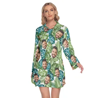 Custom Face Leaf Collared Dress With Custom Face