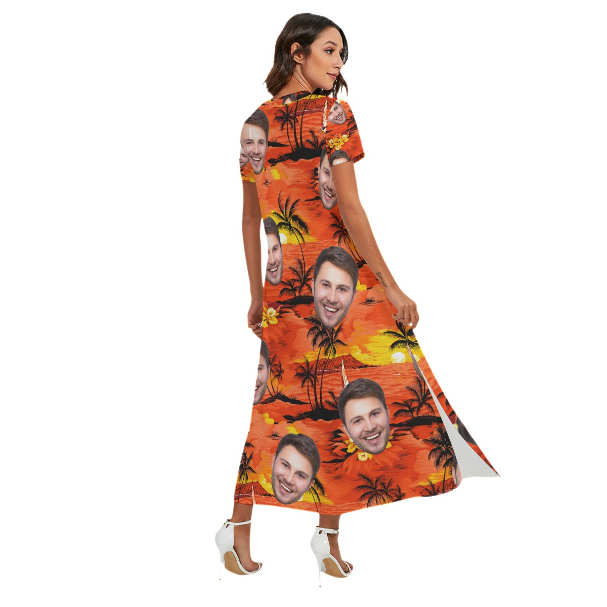 Orange Sunset Beach Custom Face V-Neck Dress With Side Slit