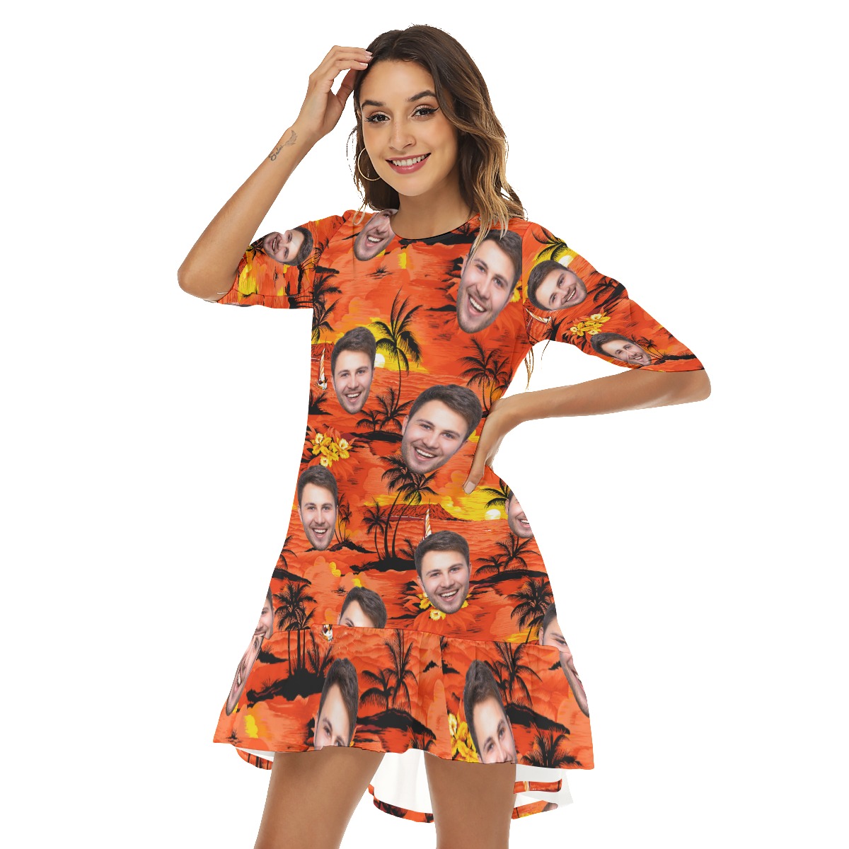 Sunset Orange Half Sleeve Dress With Custom Face