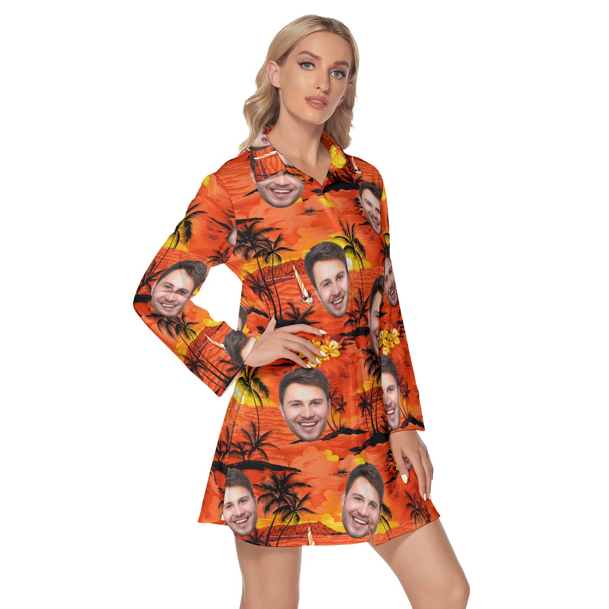 Sunset Orange Lapel Long Sleeve Dress With Multiple Face