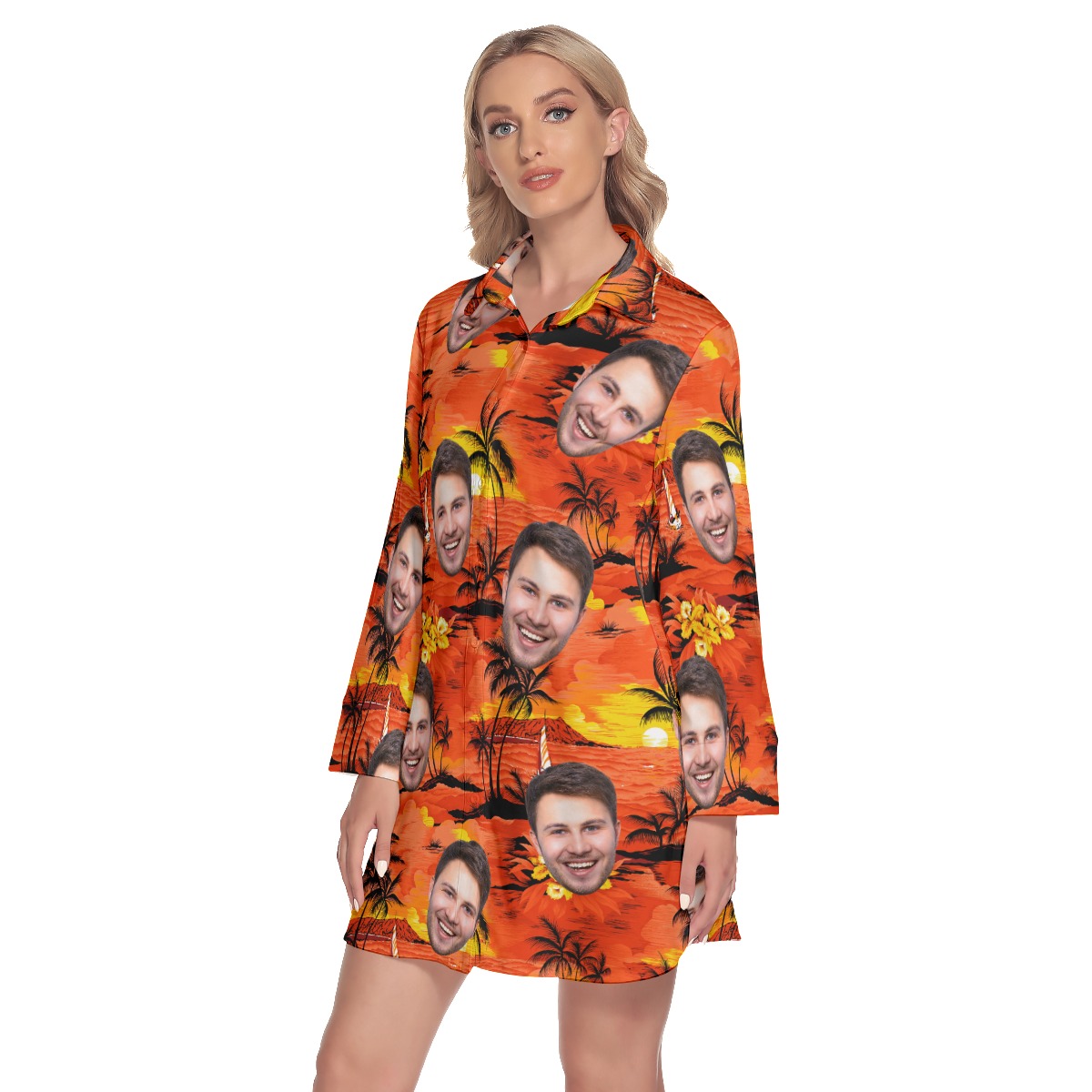 Sunset Orange Lapel Long Sleeve Dress With Multiple Face