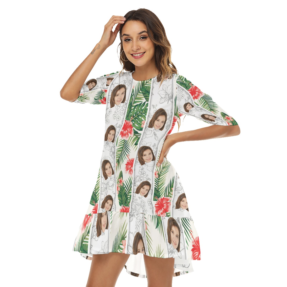 Vintage Floral Custom Face Dress With Ruffle Hem