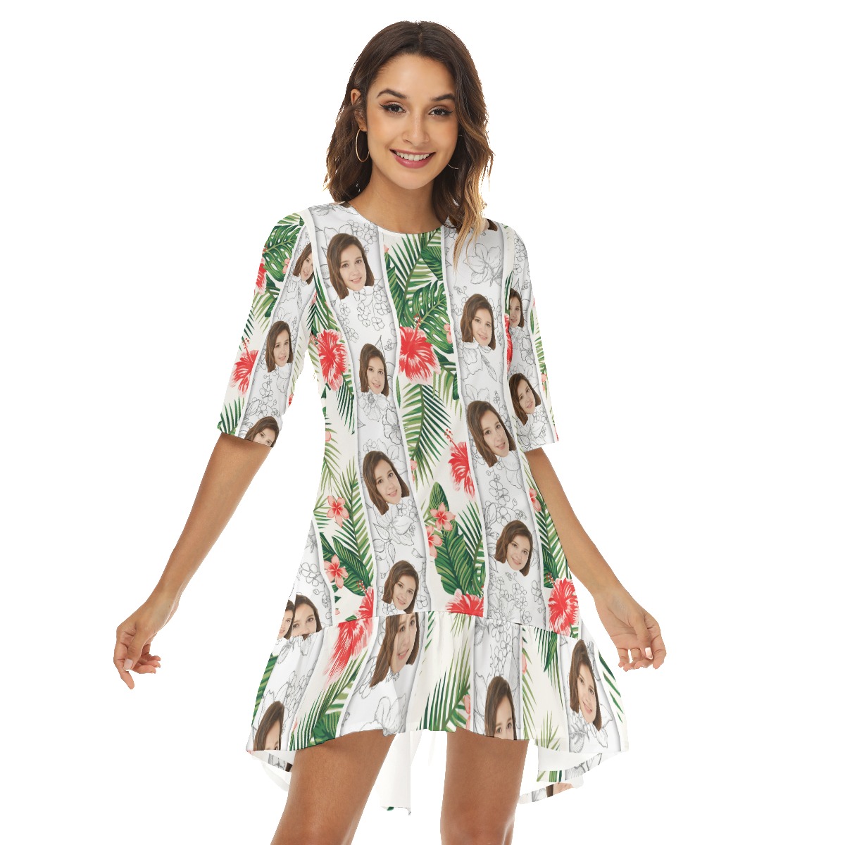 Vintage Floral Custom Face Dress With Ruffle Hem