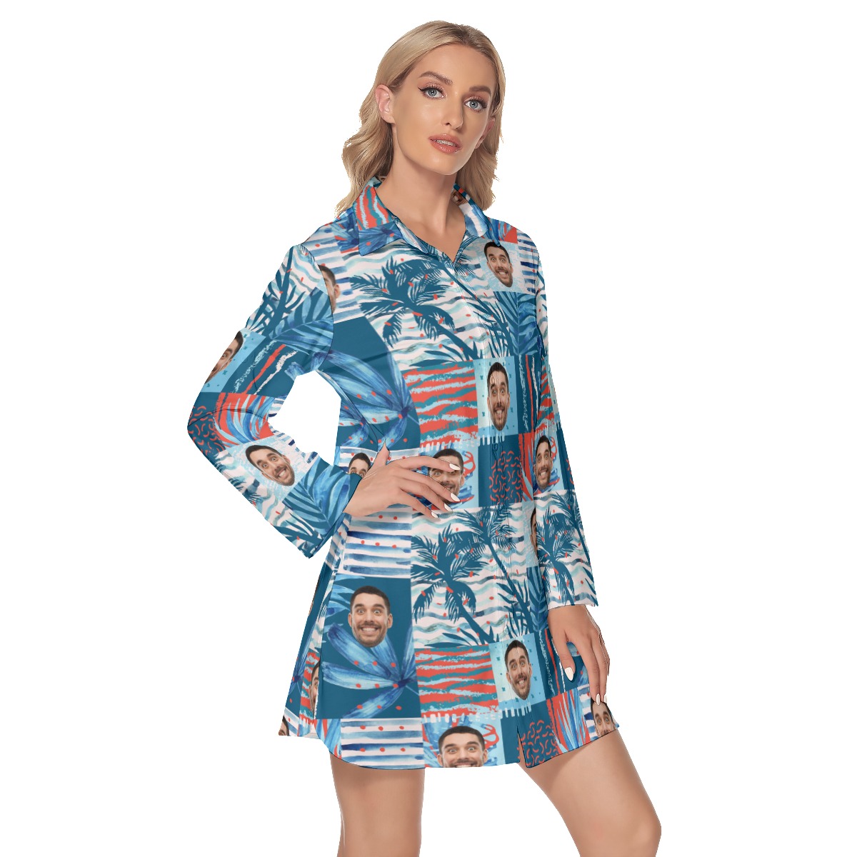Custom Face Hawaiian Long Sleeve Shirt Dress For Women
