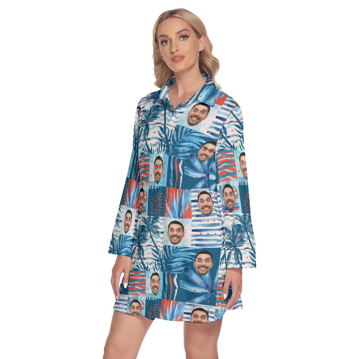 Custom Face Hawaiian Long Sleeve Shirt Dress For Women