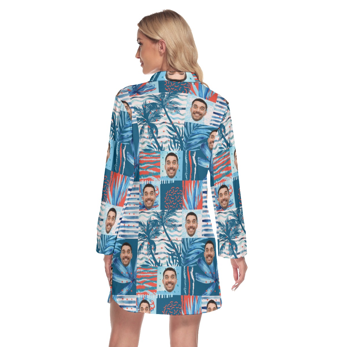 Custom Face Hawaiian Long Sleeve Shirt Dress For Women