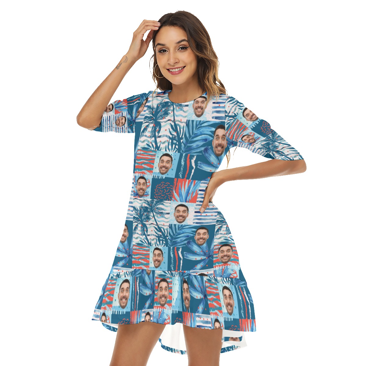 Funny Custom Face Hawaiian Dress With Ruffle Hem