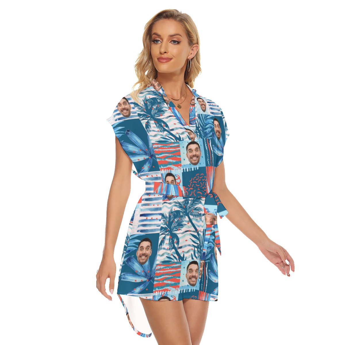 Custom Face Blue Hawaiian Dress With Belt For Summer