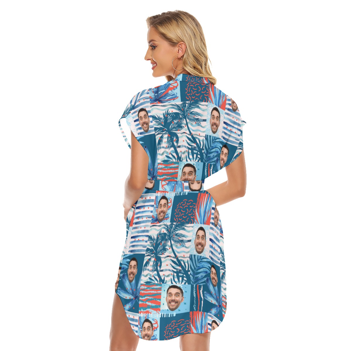 Custom Face Blue Hawaiian Dress With Belt For Summer