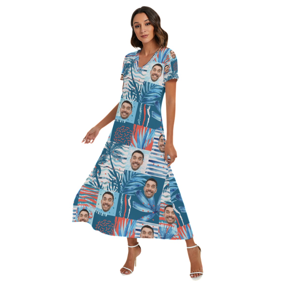 Funny Hawaiian V-neck Dress With Side Slit With Custom Face
