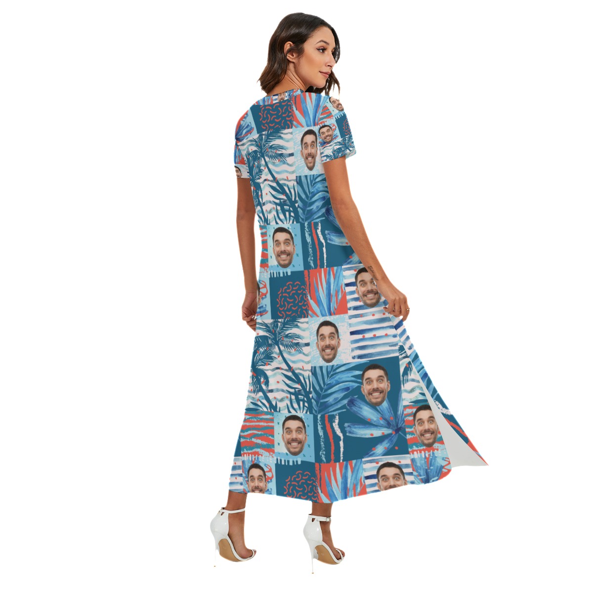 Funny Hawaiian V-neck Dress With Side Slit With Custom Face