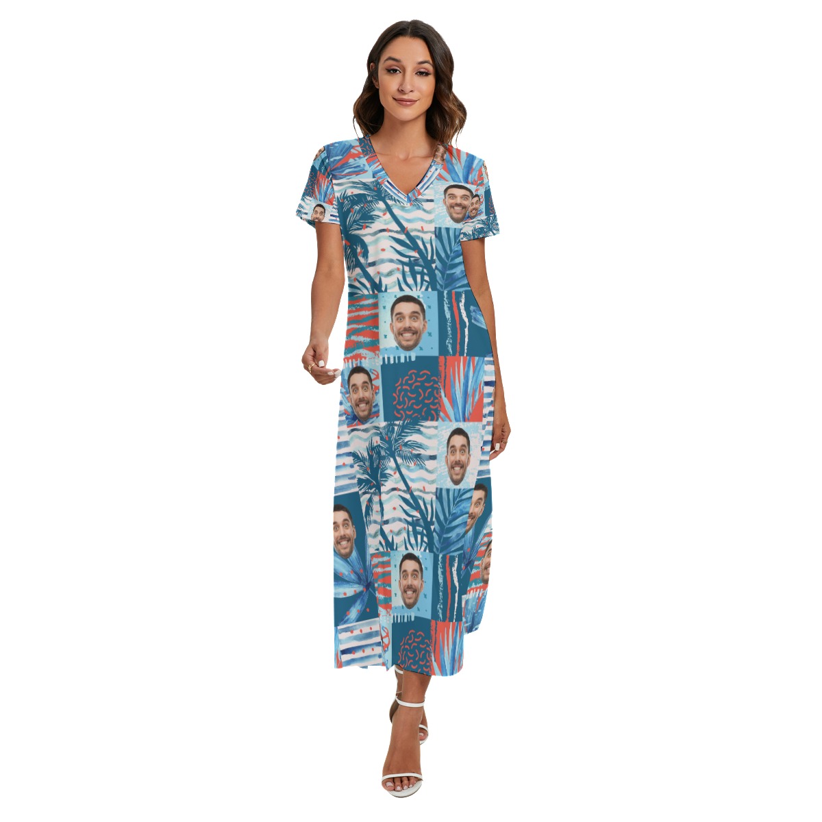 Funny Hawaiian V-neck Dress With Side Slit With Custom Face