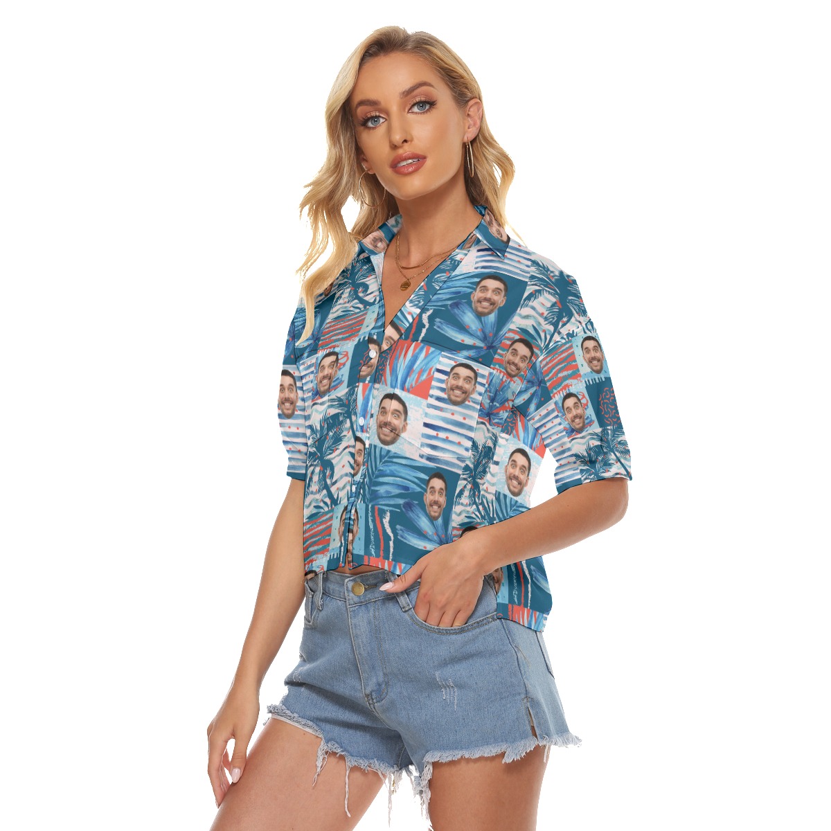 Funny Custom Face Women's Hawaiian Cropped Shirt
