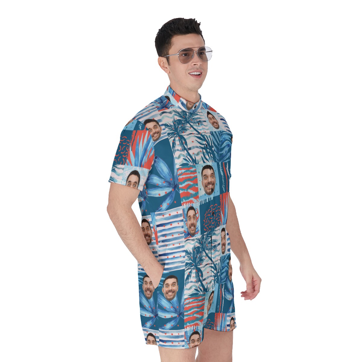Funny Custom Face Blue Men's Hawaiian Romper