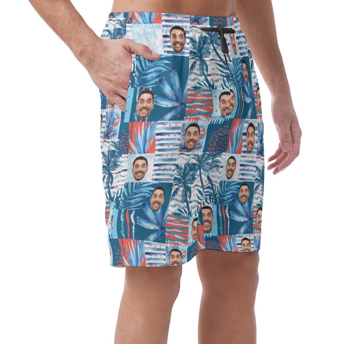 Funny Custom Face Blue Hawaiian Summer Shorts For Men