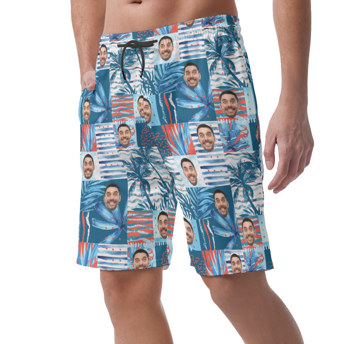Funny Custom Face Blue Hawaiian Summer Shorts For Men