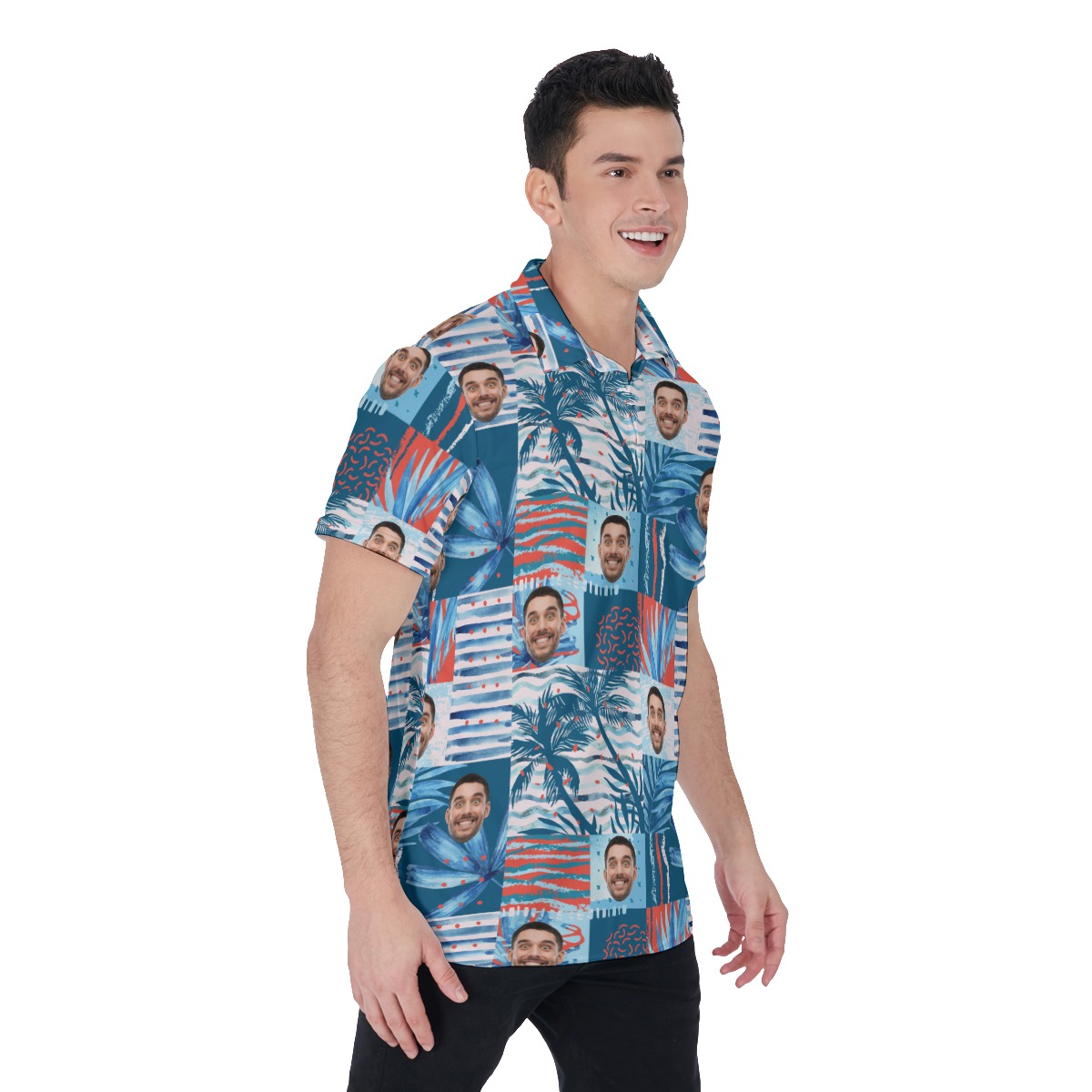 Customized Blue Hawaiian Polo Shirt With Face