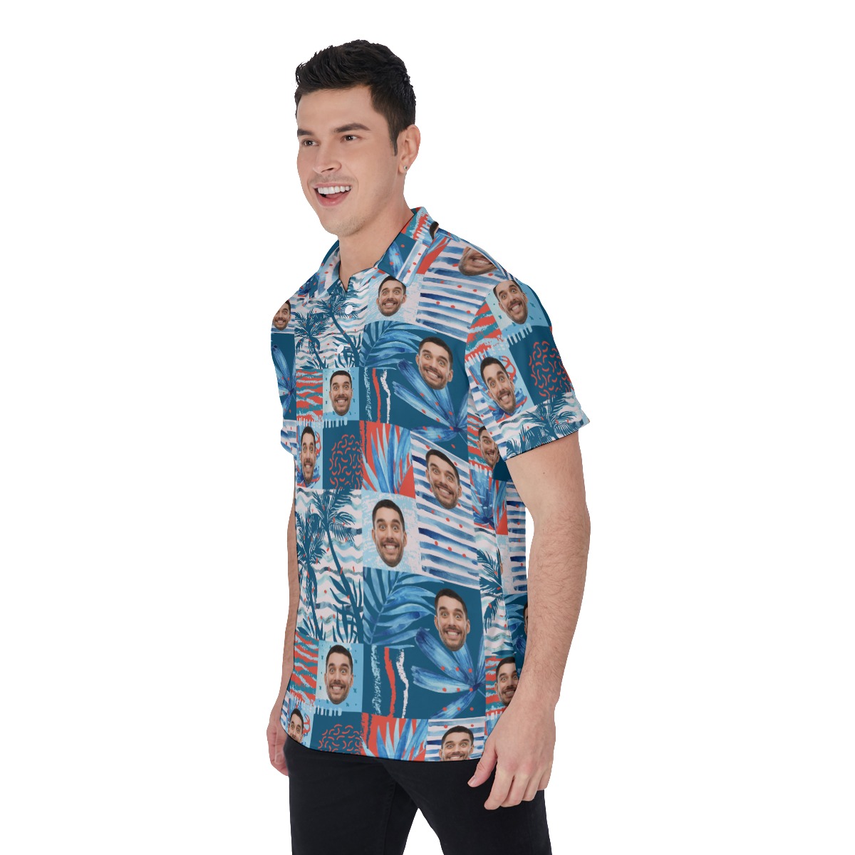 Customized Blue Hawaiian Polo Shirt With Face