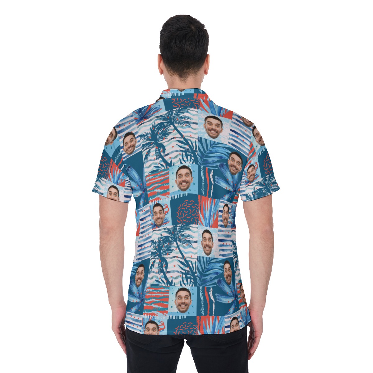 Customized Blue Hawaiian Polo Shirt With Face