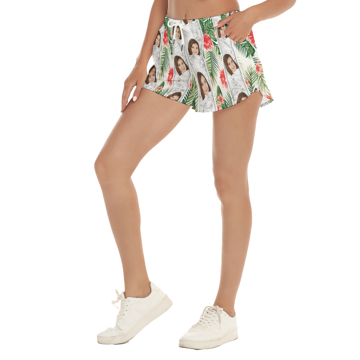 Vintage Striped Custom Face Hibiscus Women's Shorts