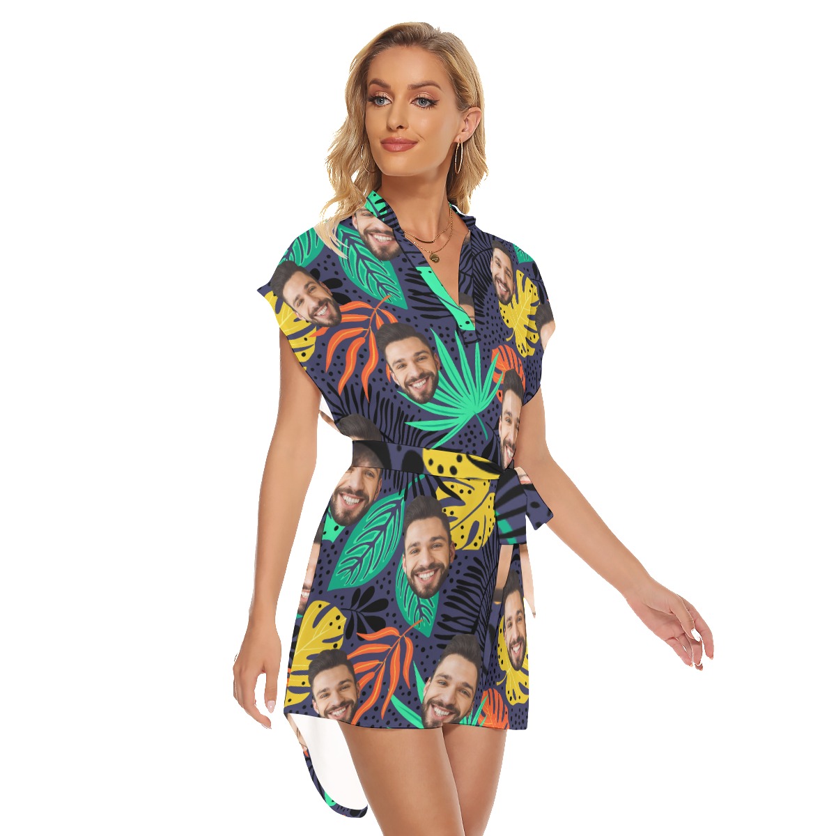 Colorful Custom Face Tropical Hawaiian Dress With Belts