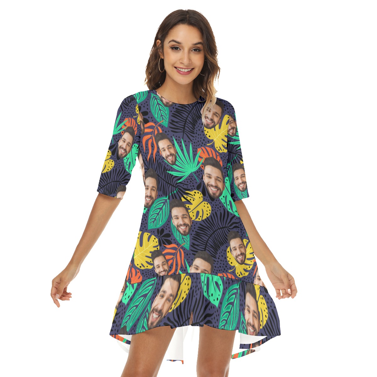 Tropical Leave Custom Face Half Sleeve Dress For Girl