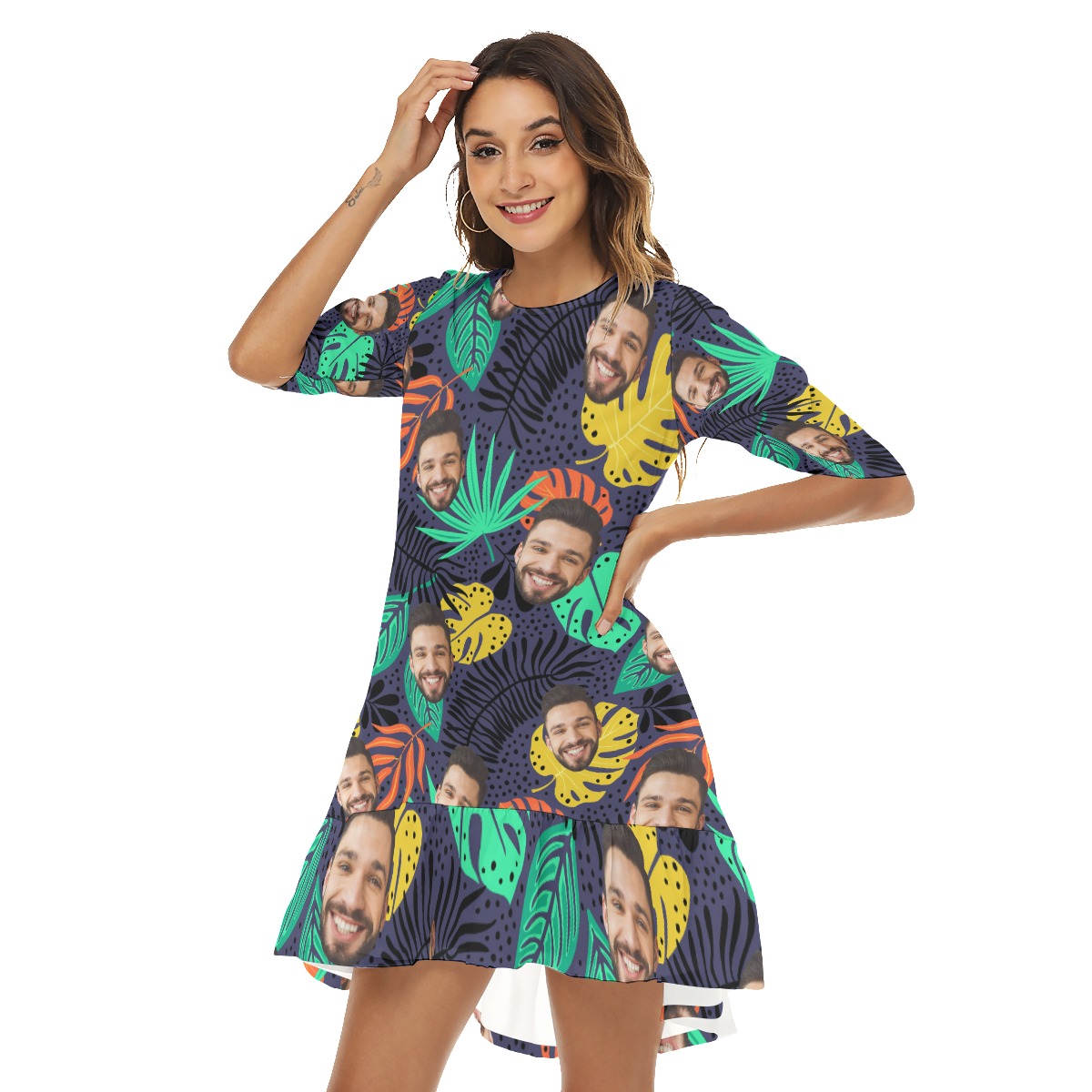 Tropical Leave Custom Face Half Sleeve Dress For Girl
