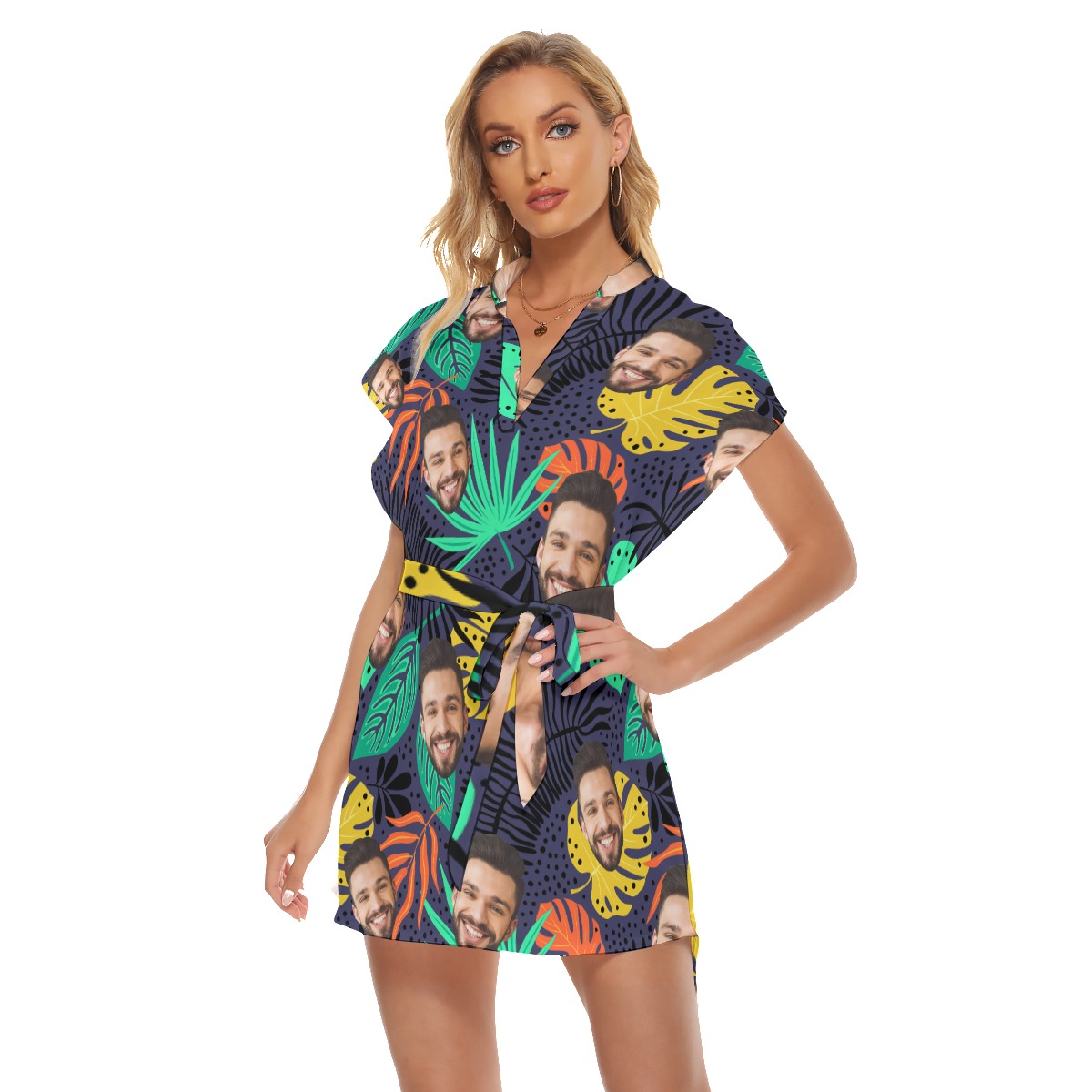 Colorful Custom Face Tropical Hawaiian Dress With Belts