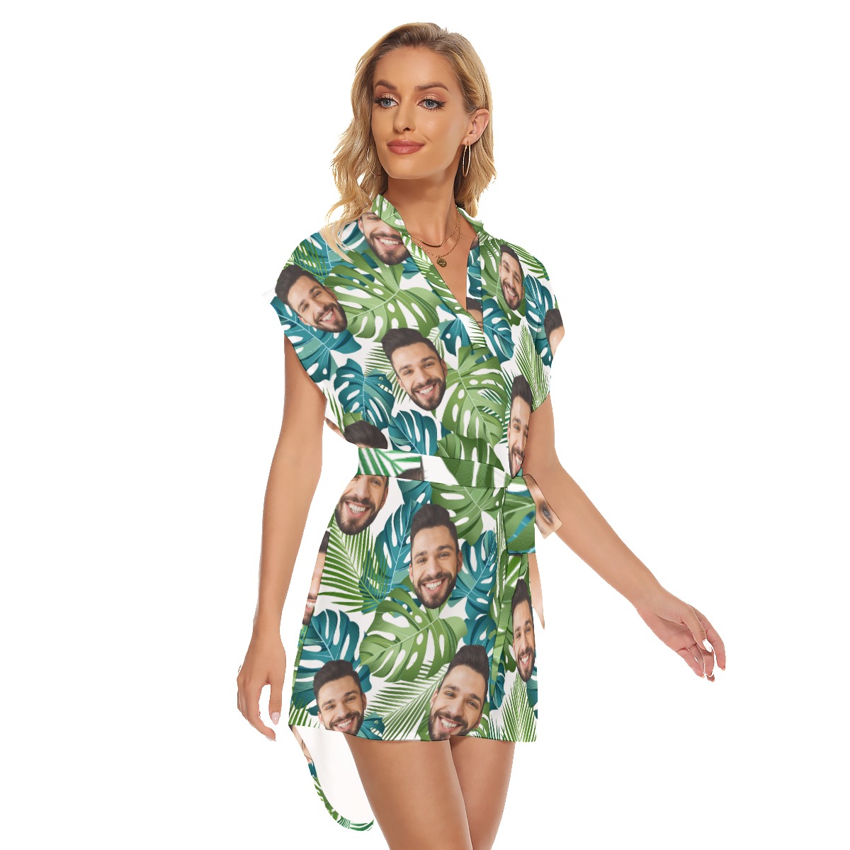 Tropical Leaf Hawaiian Belted Dress With Multiple Faces