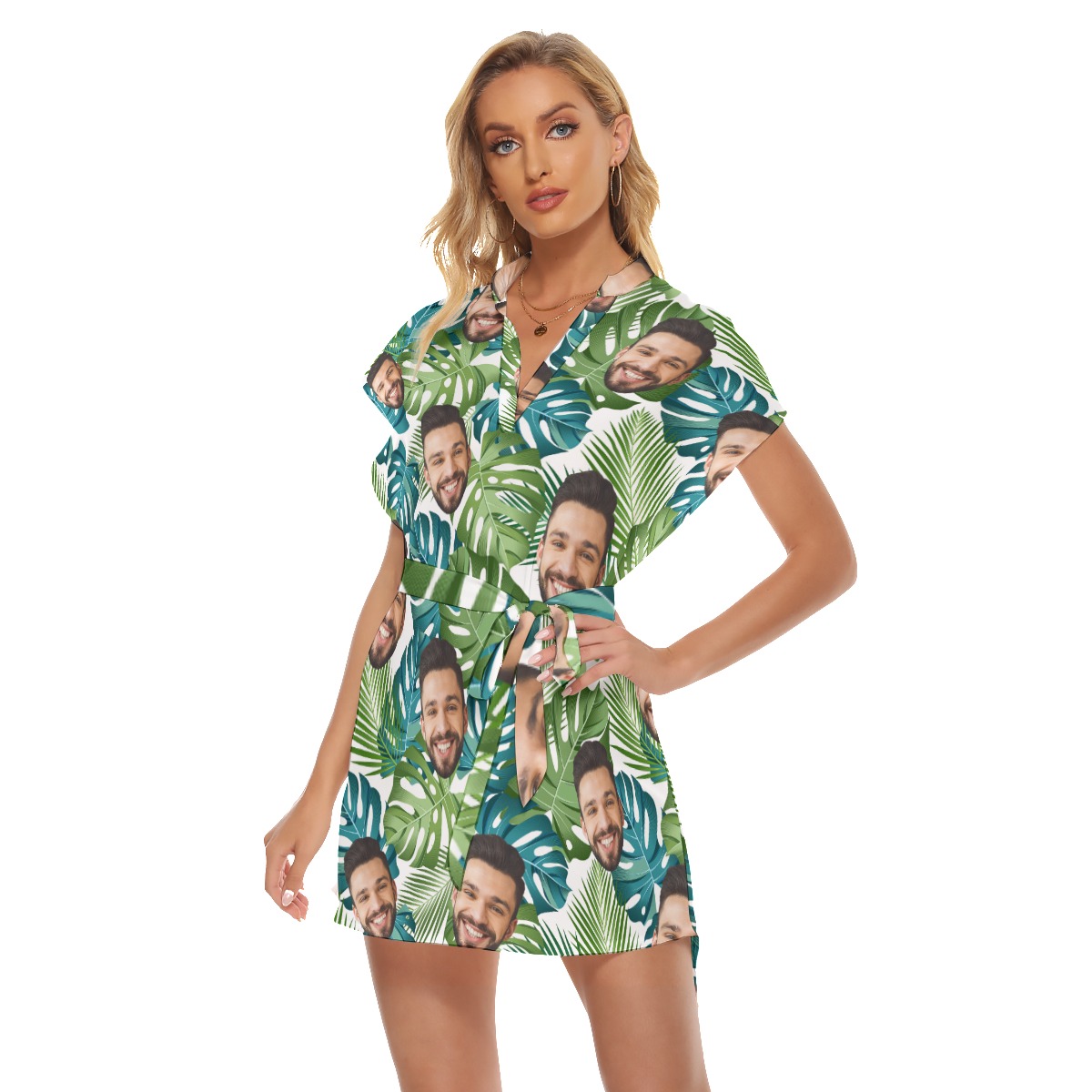 Tropical Leaf Hawaiian Belted Dress With Multiple Faces