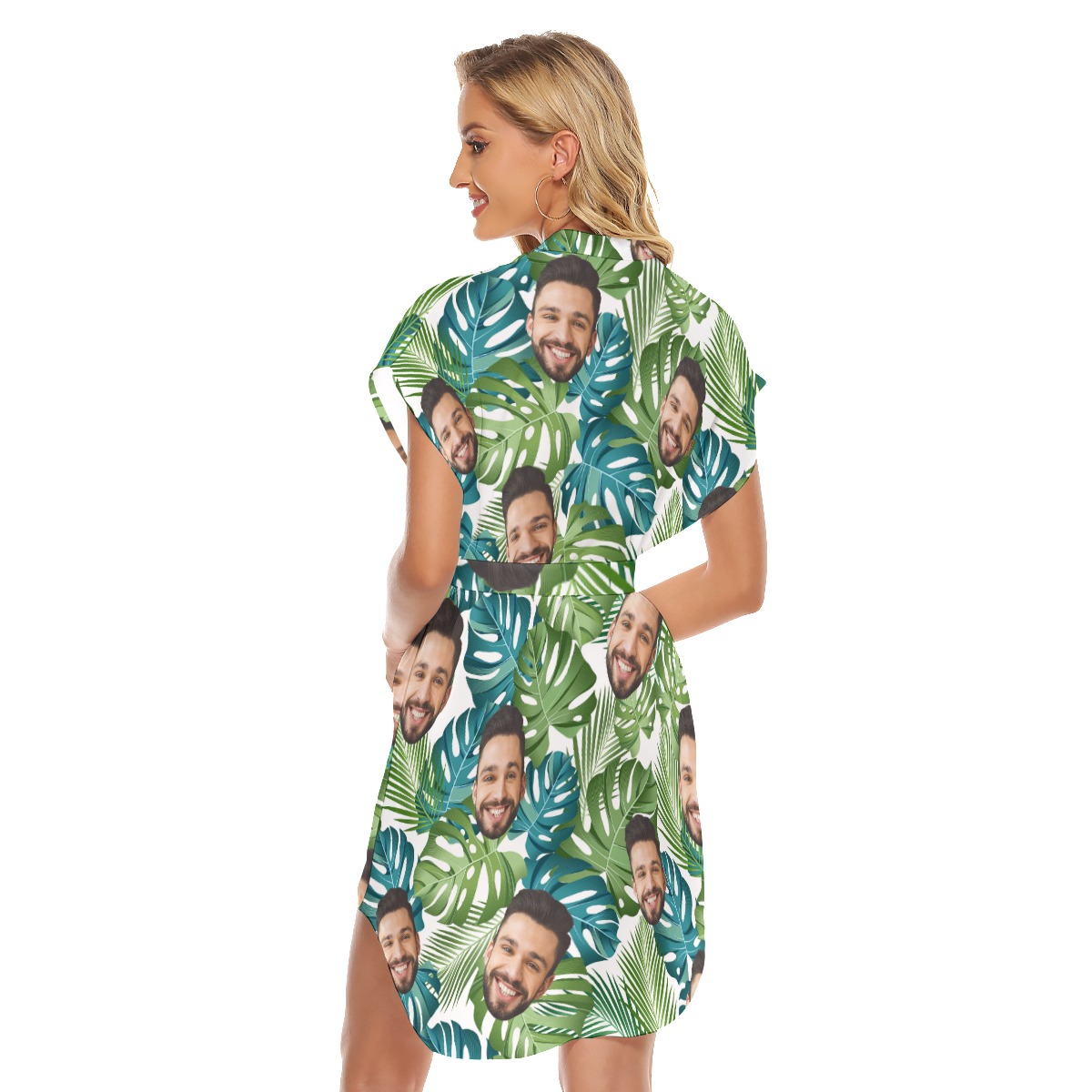 Tropical Leaf Hawaiian Belted Dress With Multiple Faces